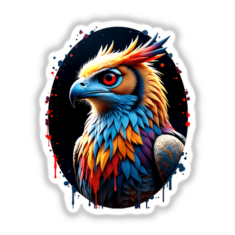 A Cool Hybrid Hawk Owl with striking red eyes and detailed feathers, available as stickers or digital artwork from Decal Venue, known for unique, artistic animal designs.