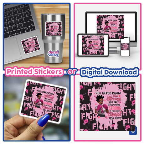 Collage of Gold Breast Cancer Series 15 stickers: hand holding a square card, laptop and cup with stickers, cartoon woman with boxing gloves, blue nail polish on a fingernail.