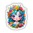 Kawaii Floral Princess: Cute Girl with Rainbow Floral Crown Sticker featuring a cartoon girl with blue hair, big eyes, and colorful flowers in her hair. Available as stickers or digital artwork.