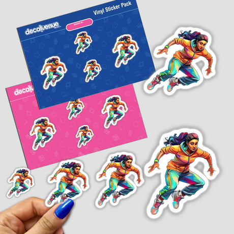 Colorful digital artwork stickers depicting an athletically-posed female character in dynamic action poses, showcased on a Decal Venue product packaging.