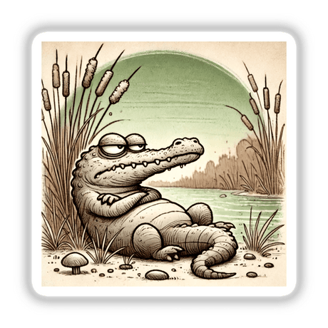 Frowning Crocodile Lounging by the River: A cartoon crocodile sits in the grass, depicted as stickers or digital artwork, perfect for adding a whimsical touch to your collection.