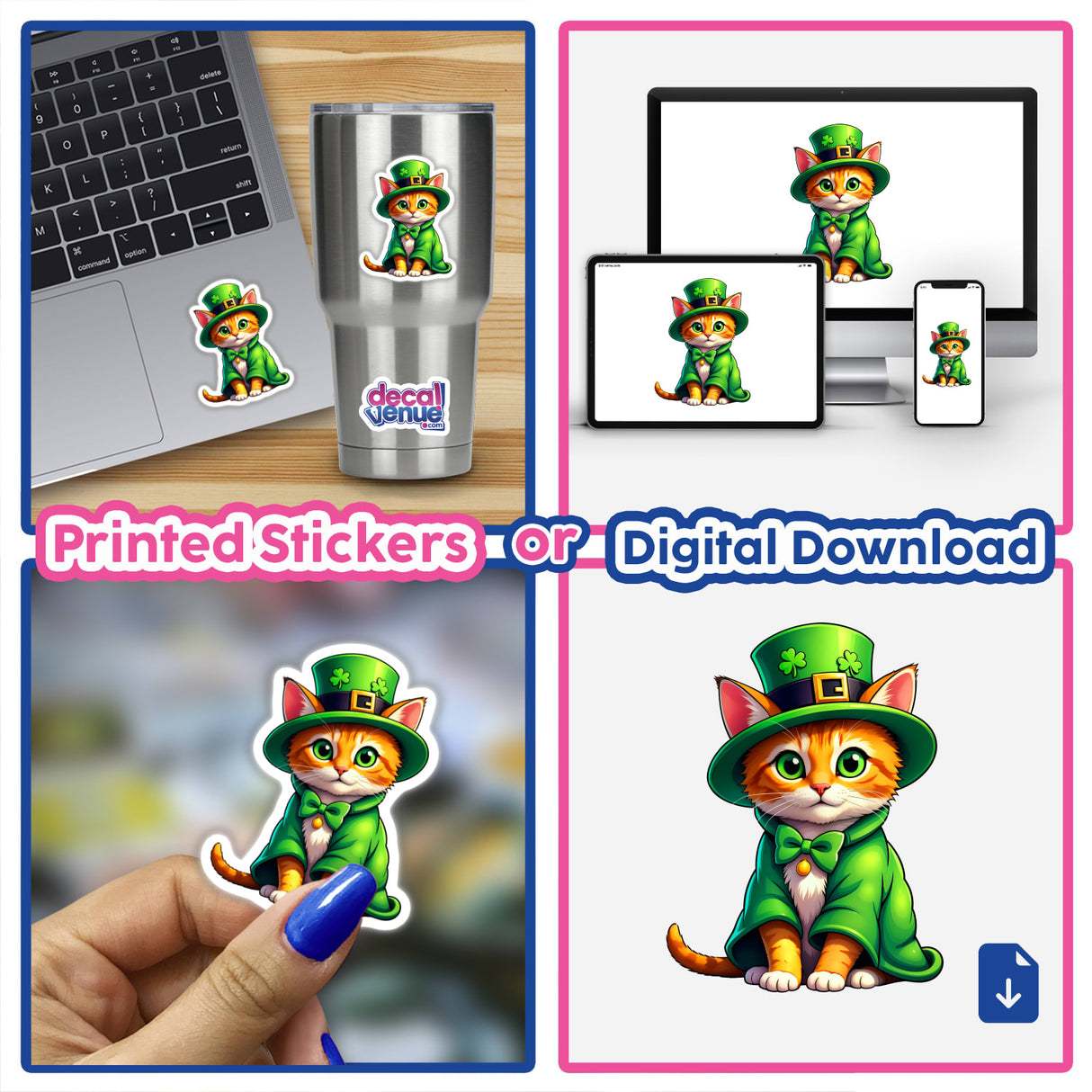 St. Patrick's Day Kitten sticker collage featuring cartoon cats in green hats and coats, displayed on items like a laptop and cup. Available as stickers or digital artwork.