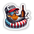 Patriotic bird wearing "Merica" cap, sunglasses, and floating on an American flag inner tube, holding a bottle of beer in a digital illustration from Decal Venue.