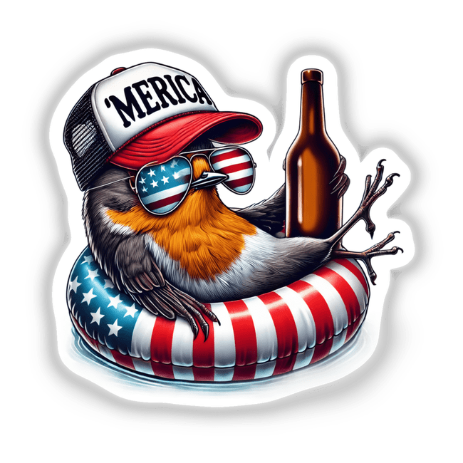 Patriotic bird wearing "Merica" cap, sunglasses, and floating on an American flag inner tube, holding a bottle of beer in a digital illustration from Decal Venue.