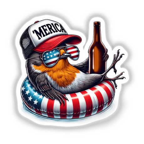 Patriotic bird wearing "Merica" cap, sunglasses, and floating on an American flag inner tube, holding a bottle of beer in a digital illustration from Decal Venue.