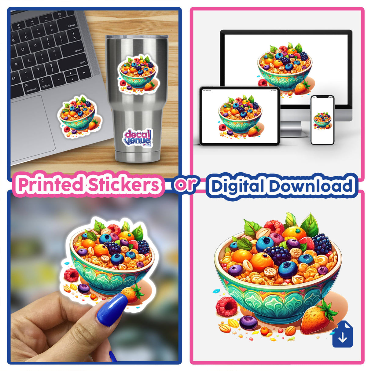 Collage of fruity cereal bowls, available as unique stickers or digital artwork from Decal Venue.