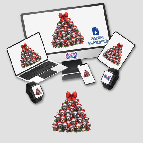 Christmas Tree Full of Pitbull Bully Dogs displayed on a computer monitor and laptop, featuring charming dogs in Santa hats, available as stickers or digital artwork from Decal Venue.