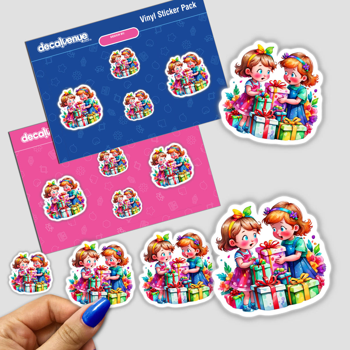 Christmas Surprise: Cute Kids with Presents Sticker featuring cartoon girls holding gifts, perfect for adding a festive touch to your collection. Available as stickers or digital artwork from Decal Venue.