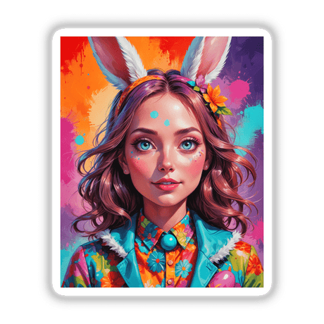 Cute Easter Bunny Girl art piece with a woman wearing bunny ears and a colorful shirt, capturing whimsical charm. Available as stickers or digital artwork for versatile spring decor.