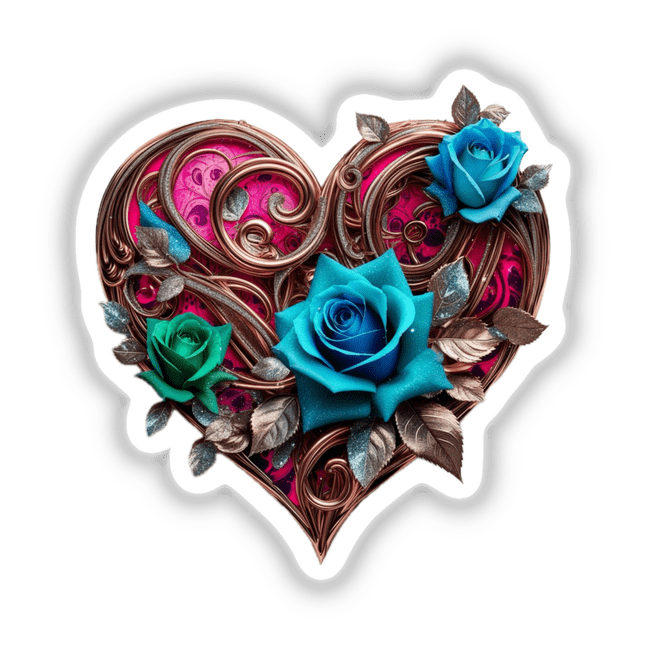 Heart-shaped ornament features copper swirls, vibrant blue and green roses, and glitter accents, available as stickers or digital artwork from Decal Venue, known for unique vinyl and digital creations.