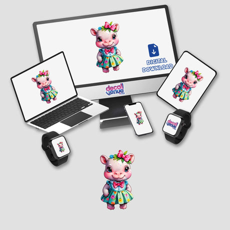 Chibi Style Cute Hippo in a Bow Tie and Sun Dress: Adorable Sticker Design shown on a computer monitor and a laptop screen featuring cartoon pig and hippo characters.