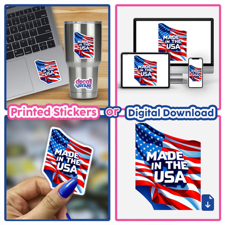 Made In The USA American Flag sticker collage featuring stickers on a laptop and a hand holding a flag sticker, emphasizing its availability as both physical stickers and digital artwork.