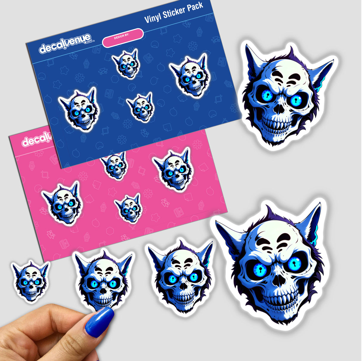 A Cool Undead Cat Skull sticker featuring a cartoon skull with blue eyes, available as stickers or digital artwork, reflecting Decal Venue's unique aesthetic.