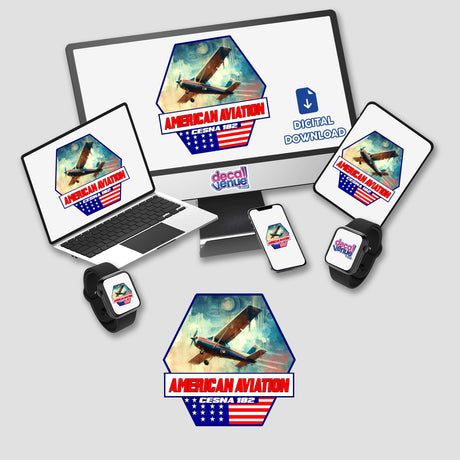 American Aviation Cessna 182 digital artwork displayed on various devices including laptop, tablet, and smartwatch