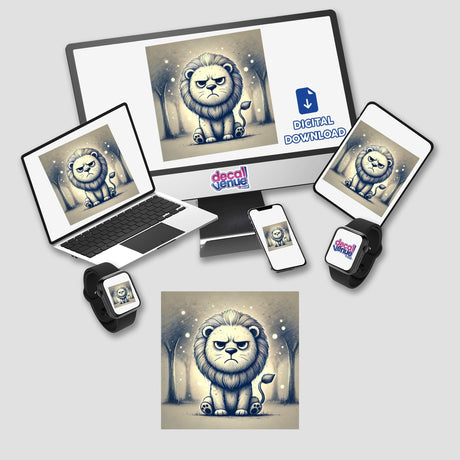 Grumpy Lion in the Forest displayed on a computer monitor and laptop, featuring a detailed lion sketch, available as stickers or digital artwork.