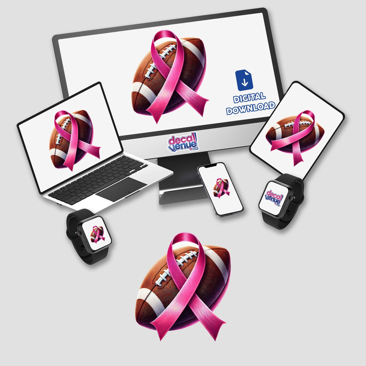 Football with a pink ribbon symbolizing breast cancer awareness, available as stickers or digital artwork from Decal Venue.