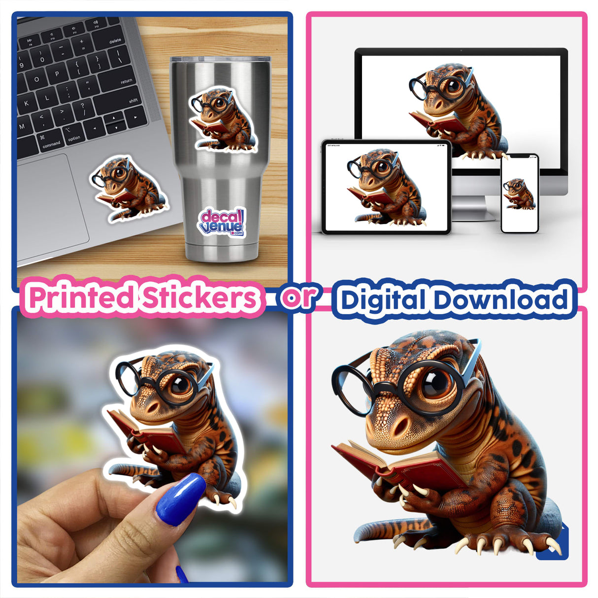 Komodo Dragon With Reading Glasses Open Book, featured as a sticker or digital artwork, showcasing a cartoon lizard reading, perfect for unique vinyl decoration or digital use.