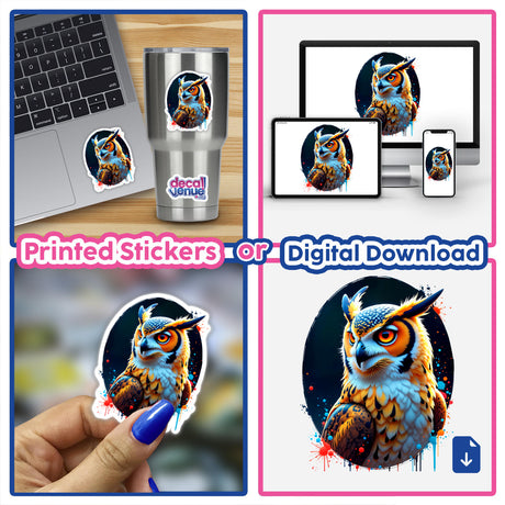 A Cool Hybrid Hawk Owl sticker collage, showcasing various artistic representations, including close-ups and digital artwork, reflecting Decal Venue's unique sticker and digital art offerings.