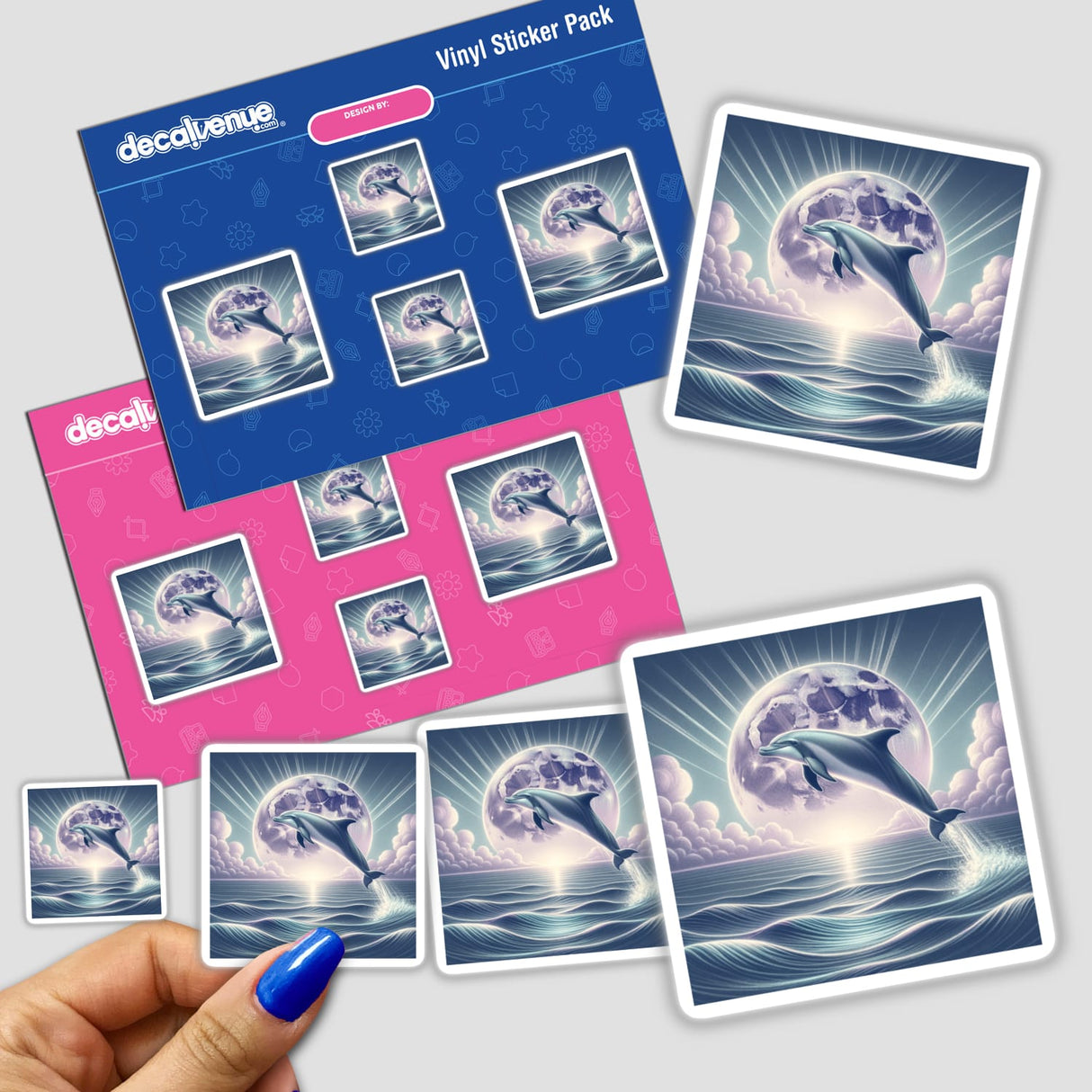 Sticker pack featuring the product title Dolphin Leaping Above the Ocean at Moonrise, depicting dolphins jumping out of water, available as stickers or digital artwork from Decal Venue.