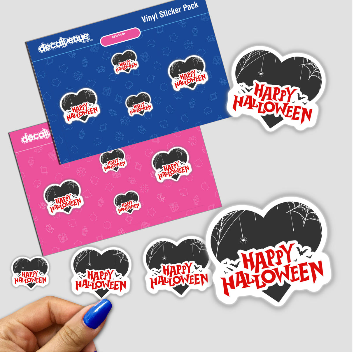 Sticker pack titled Happy Halloween Valentine Style featuring heart-shaped designs with spider webs and bats, showcased in a hand, available as stickers or digital artwork.