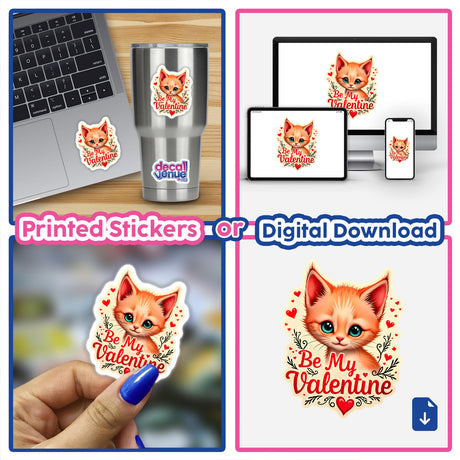 Be My Valentine Valentine's Day Kitten: A collage featuring stickers and digital art of cats, with a focus on a charming kitten design, ideal for laptops, cups, and more.