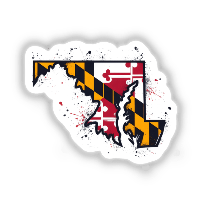 State Outline Maryland Flag III features a Maryland map design with black and yellow stripes, available as stickers or digital artwork from Decal Venue, specializing in unique vinyl stickers and digital art.