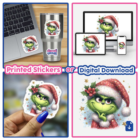 Thinking Mean Green Glitter Christmas Grouch collage featuring a cartoon character with a Santa hat, available as stickers or digital artwork, showcasing unique designs from Decal Venue.