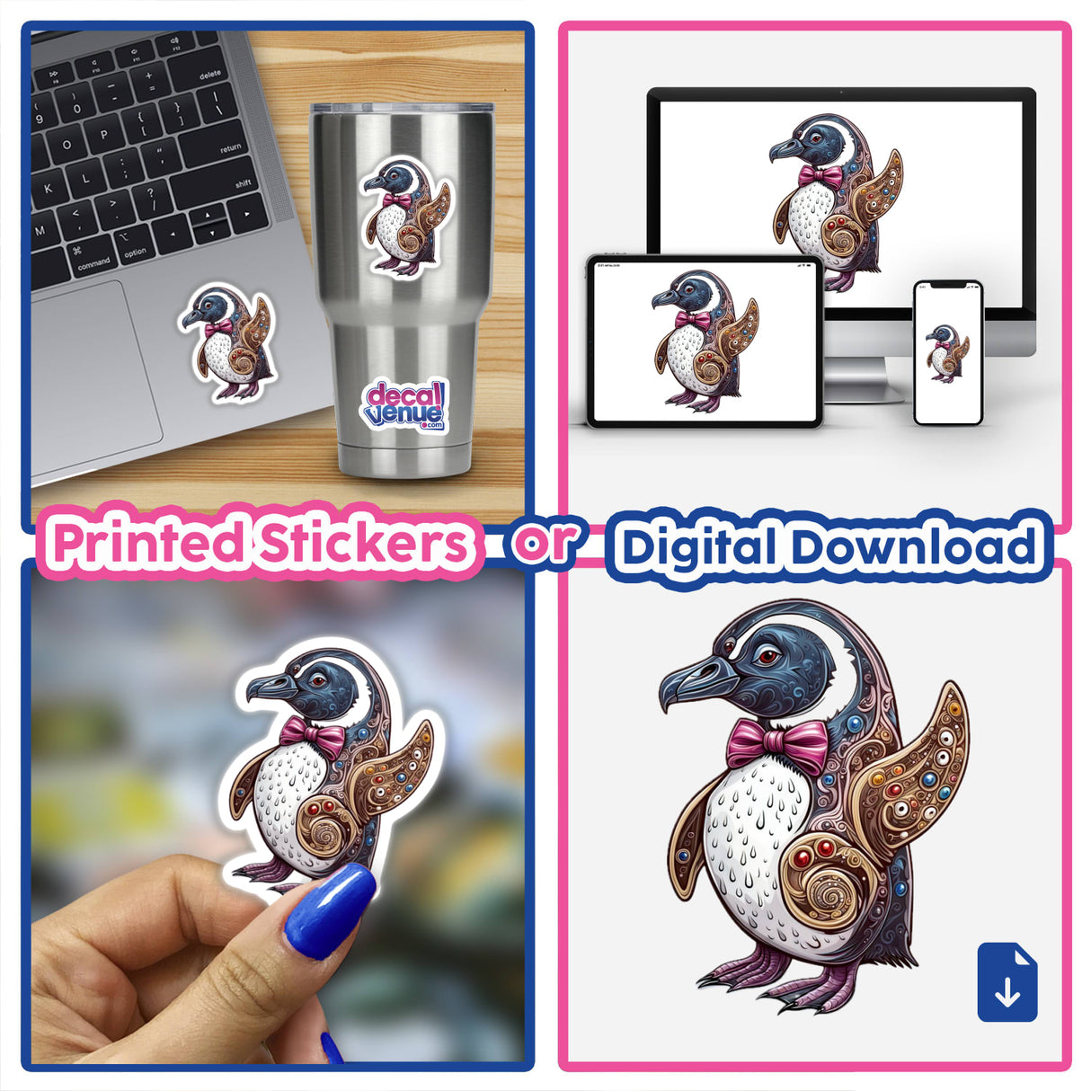 Elegant Penguin with Decorative Patterns and Pink Bow Tie featured as a collage, showcasing various sticker applications on laptops, cups, and held in hand, highlighting its versatility and charm.