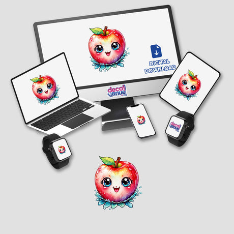 Happy Apple digital artwork displayed on a computer monitor and laptop, featuring cheerful cartoon apples, available as stickers or digital downloads from Decal Venue.