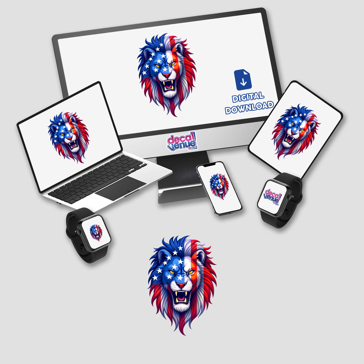 A Cool American Flag Lion on a computer monitor and laptop screen, available as stickers or digital artwork from Decal Venue, showcasing unique designs.