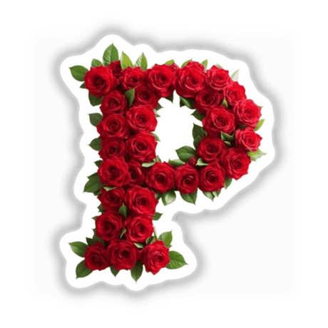 Elegant Floral Letter P Clipart featuring intricately designed roses and green leaves, available as downloadable stickers with commercial rights.