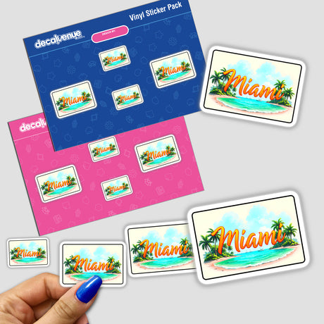 Stickers or digital artwork featuring Florida Miami Beach, USA, depicting vibrant palm trees and a beach scene, capturing a tropical essence.