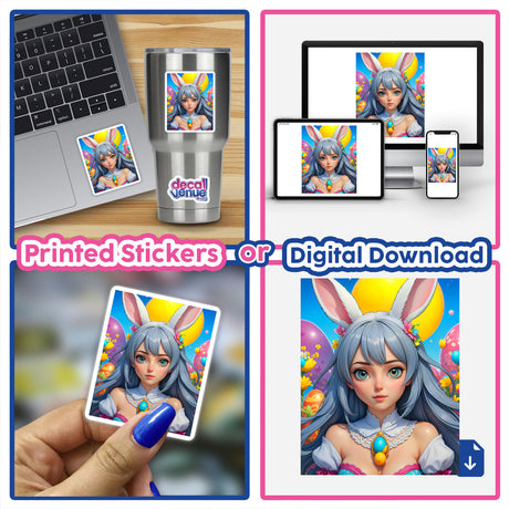 A Cute Easter Bunny Girl featured on a laptop and silver mug, available as stickers or digital artwork, showcasing a cartoon girl with bunny ears, perfect for Decal Venue's unique collection.