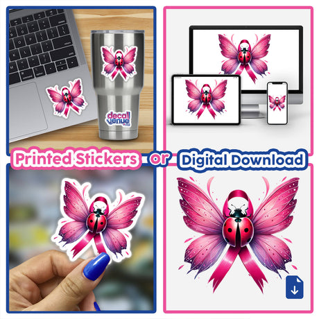 Collage of Ladybug Butterfly Wings Pink Ribbon Breast Cancer stickers on laptop, cup, and digital download options featuring ladybugs with butterfly wings and pink ribbons.