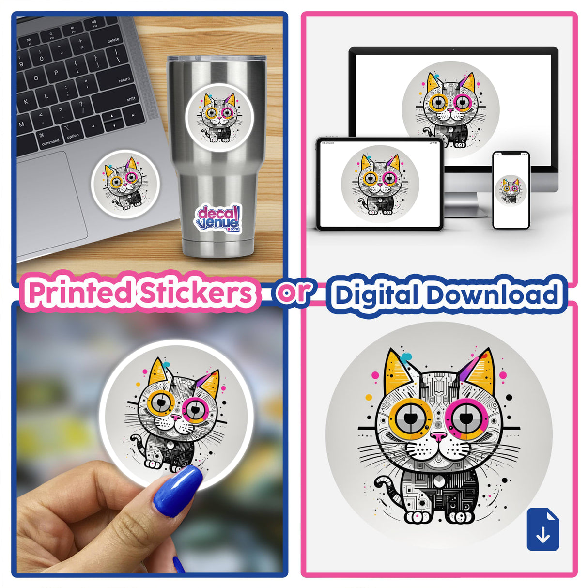 Crazy Funky Cat stickers and digital artwork collage featuring cartoon cat designs, including a hand holding a round sticker, ideal for laptops and personal items.