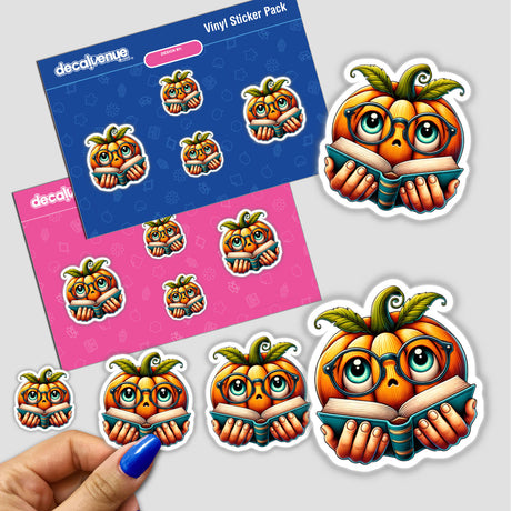 Pumpkin in Reading Glasses with Book stickers feature cartoon pumpkins engrossed in books, perfect for adding a whimsical touch to your items. Available as stickers or digital artwork.