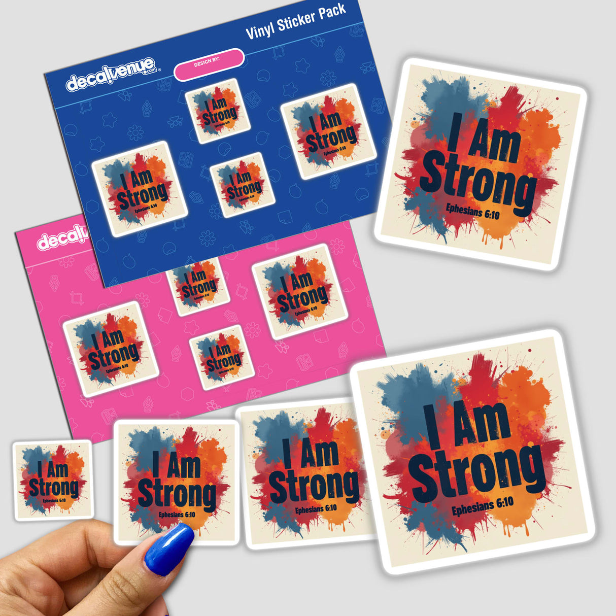 I Am Strong - Ephesians 6:10 sticker held in a hand, showcasing Christian faith-based text; available as physical sticker or clipart with commercial rights from Decal Venue.