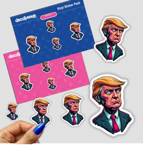 Futuristic President Donald Trump sticker featuring a cartoon representation of Trump, complemented by a hand with blue nail polish displaying the sticker. Available as both stickers and digital artwork.