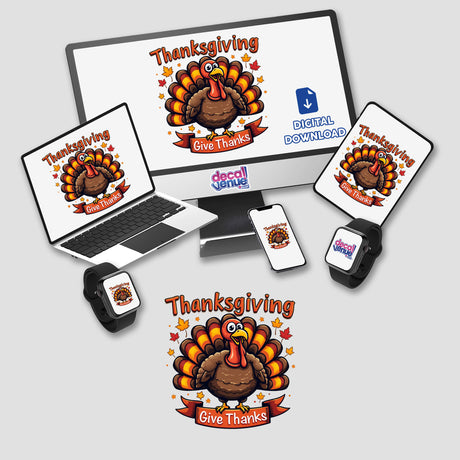 Thanksgiving Give Thanks Turkey Theme displayed on various devices including a laptop, computer screen, mouse, phone, and smartwatch, available as stickers or digital artwork.