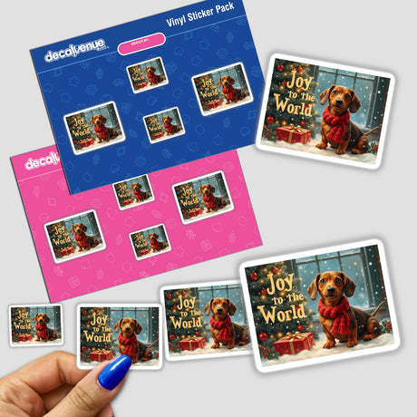 Joy to the World Dachshund Christmas Sticker and Clipart features dachshunds in scarves with presents, perfect for festive decoration or digital use, inspired by biblical themes.