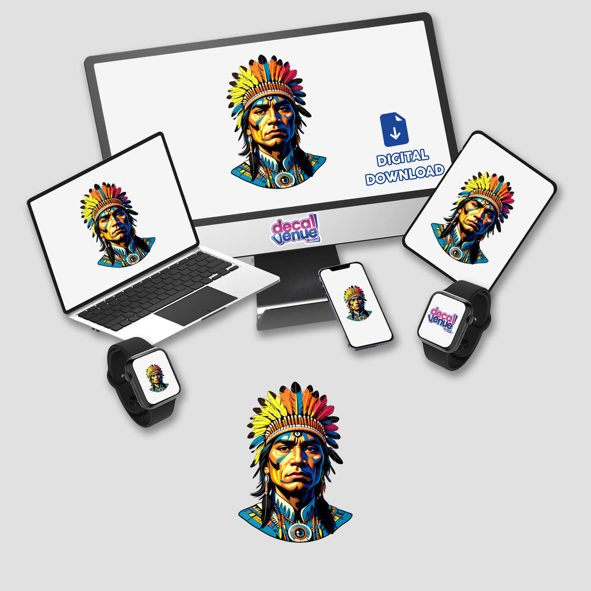 A Native American Warrior Chief depicted on a computer monitor and laptop, showcasing his colorful headdress. Available as stickers or digital artwork from Decal Venue.