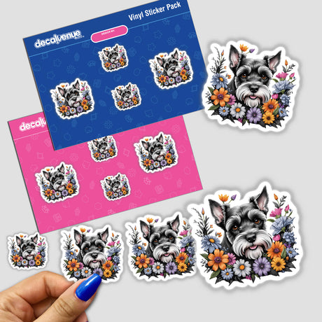 Cute Schnauzer dog portraits surrounded by vibrant floral designs, available as digital stickers from the Decal Venue online store.