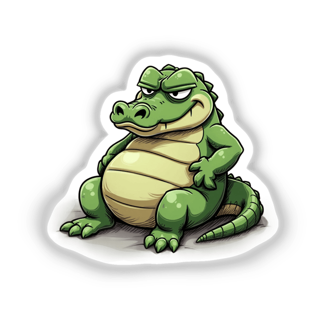 Grumpy Sitting Cartoon Crocodile available as stickers or digital artwork, featuring a cartoon crocodile with a grumpy expression and detailed cartoonish elements.