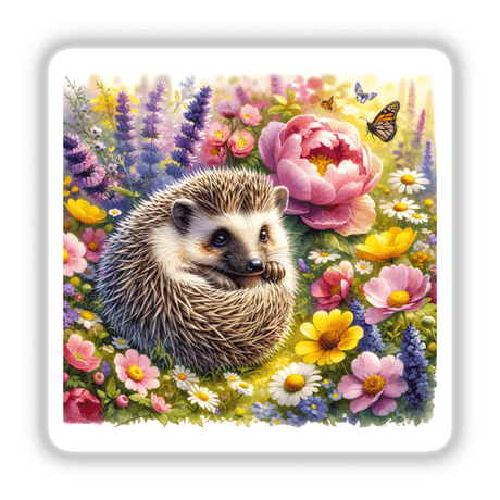 Hedgehog in a Garden Watercolor Illustration depicting a hedgehog amidst vibrant flowers, available as stickers or digital artwork from Decal Venue, showcasing unique and whimsical designs.