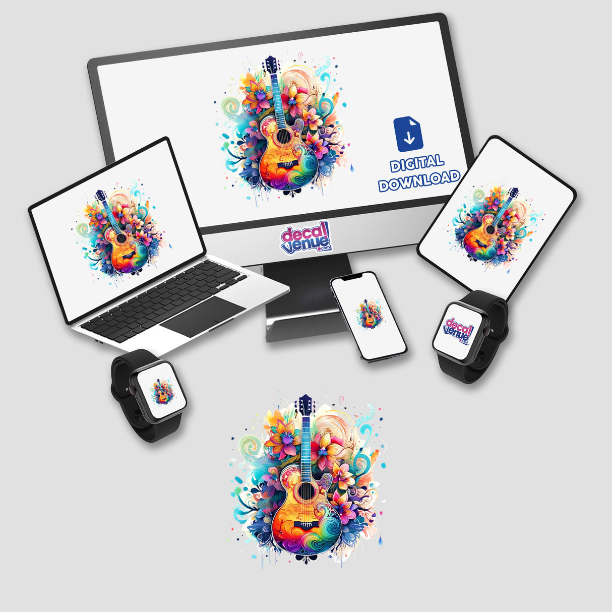 Colorful abstract guitar artwork for digital download and merchandise from Decal Venue, an online store offering unique stickers and digital art created by talented designers.