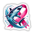 Cartoon shark with a pink ribbon symbolizing breast cancer awareness, available as stickers or digital artwork from Decal Venue.