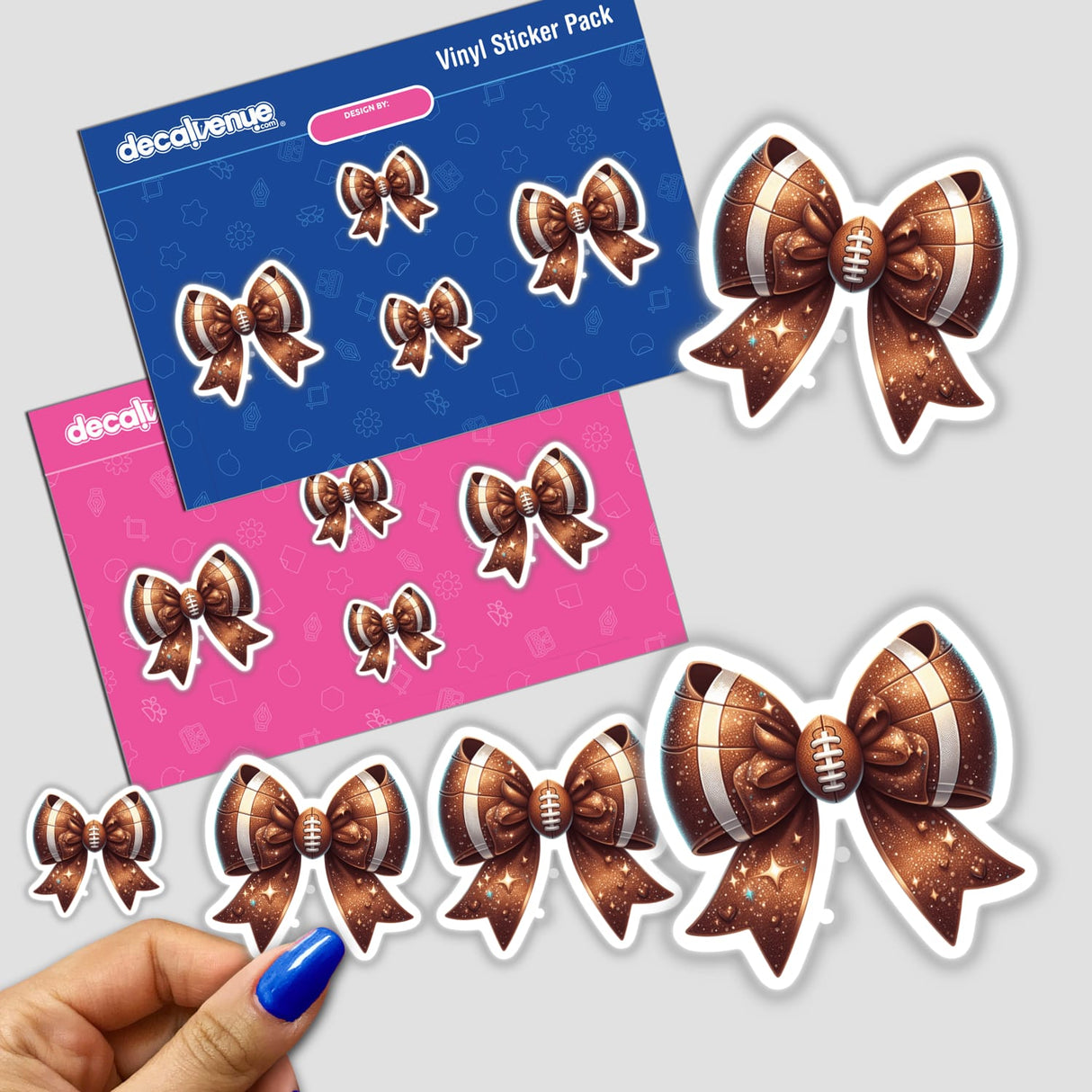 Football Coquette Bow sticker featuring a brown bow with a football design, part of a themed sticker pack from Decal Venue.