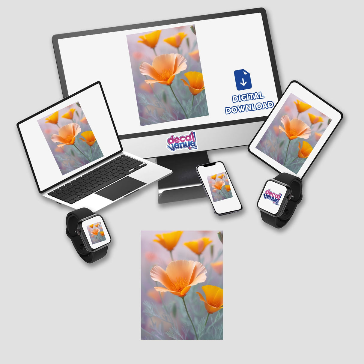 Soft Peach and Orange California Poppies in Bloom displayed on a laptop and smartwatch screen, highlighting floral digital artwork available as stickers or digital art from Decal Venue.