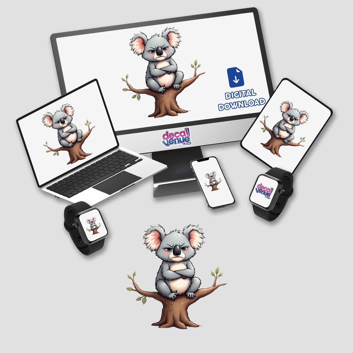 Angry Koala Sitting on a Branch with Crossed Arms displayed on a computer monitor and laptop screen.