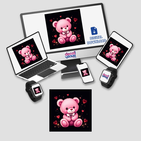 Pink Teddy Bear with White Bow and Red Hearts displayed on a laptop, computer monitor, and tablet, showcasing its availability as stickers or digital artwork from Decal Venue.